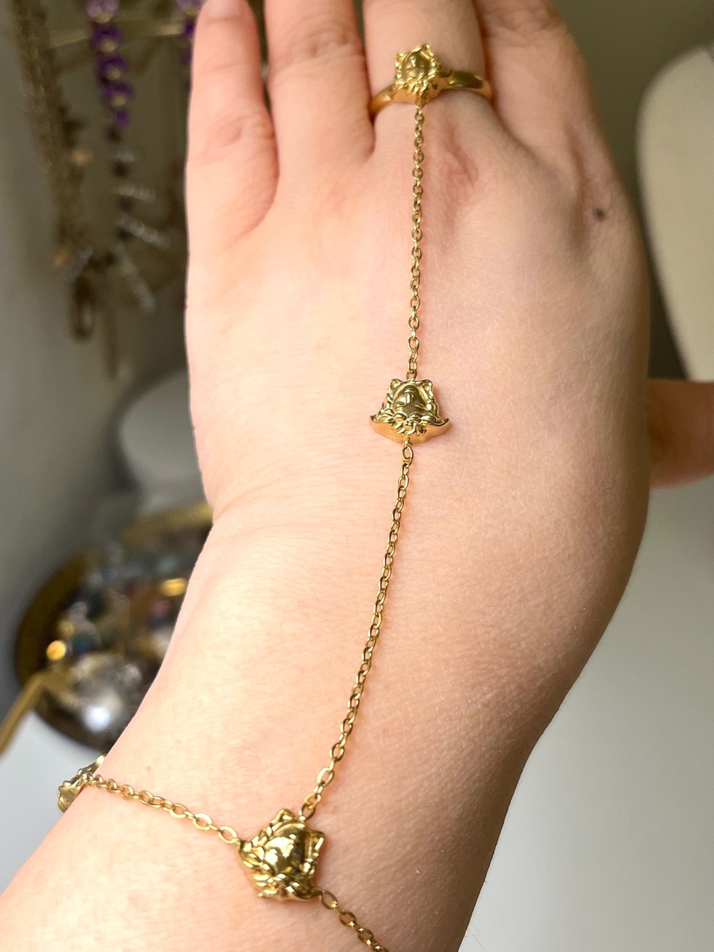 Gold Tone Stainless Steel Medusa Hand Chain Bracelet Ring